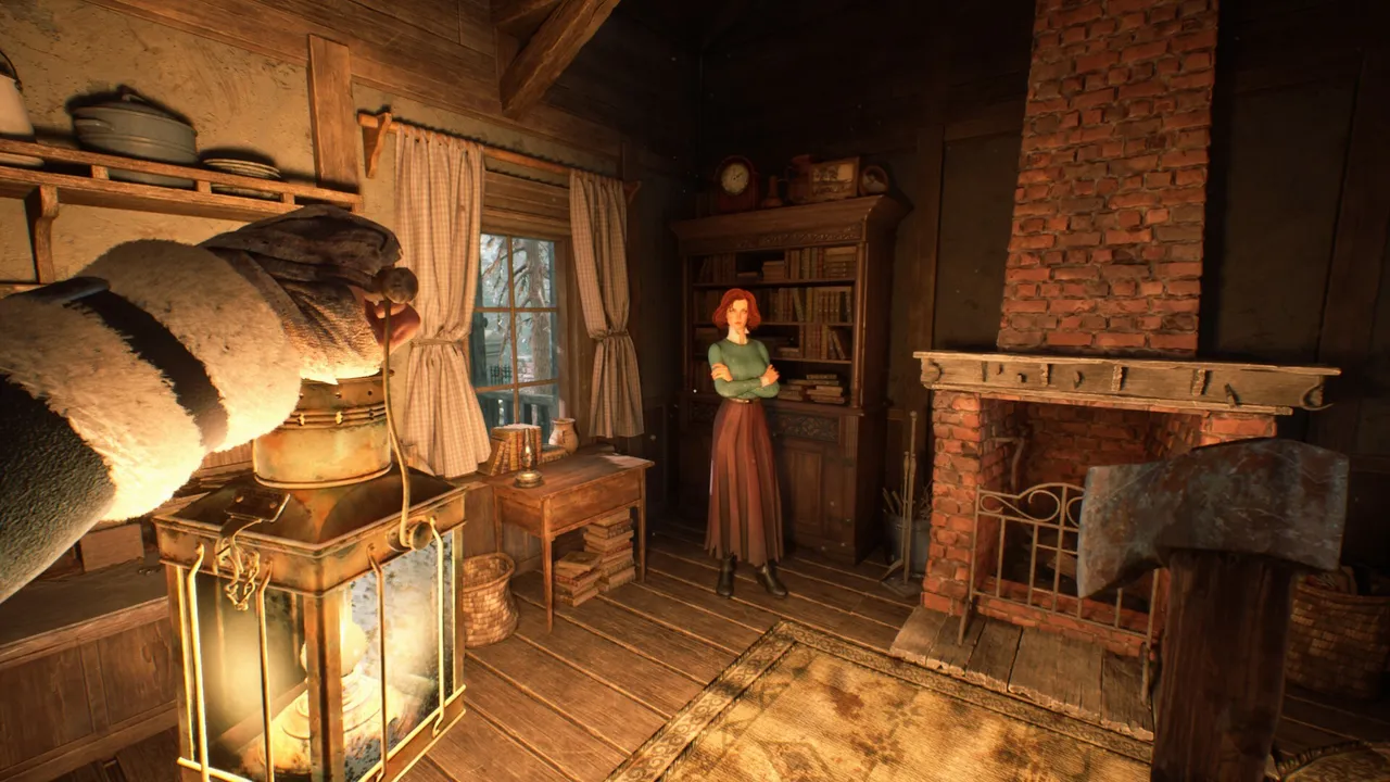 First-person view inside a wooden cabin with a lantern, an axe in hand and a red-haired character by the fireplace