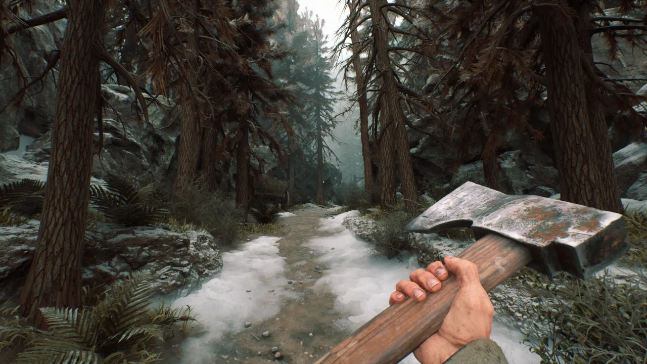 First-person view of a hatchet held on a forest path with patches of snow in Stygian: Outer Gods