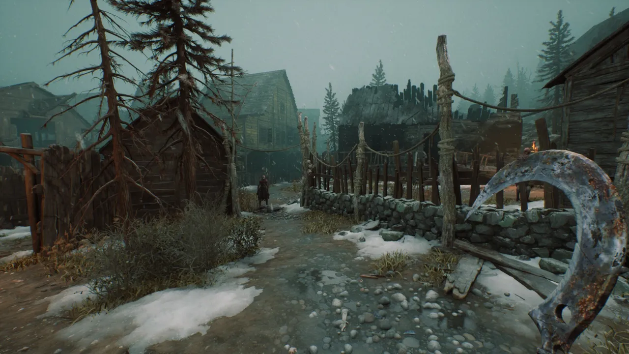 Rusted crescent-shaped blade held in first person on a snowy village lane with a wooden fence and stone wall behind
