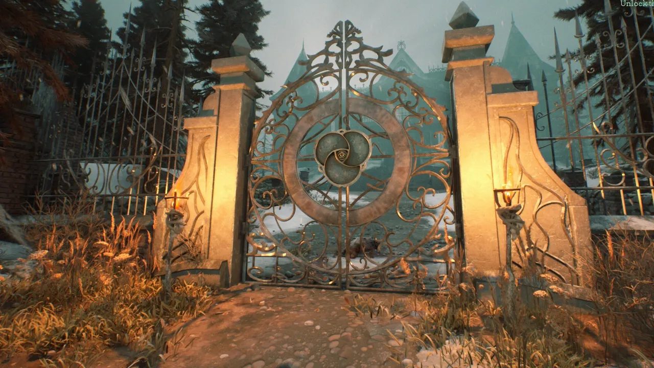 Ornate iron gate lit by lamps among pine trees in Stygian: Outer Gods